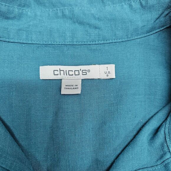 Chico's Womens Teal Linen Button Down Shirt Size 8 3/4 Sleeves Chico's 1 - Picture 5 of 10